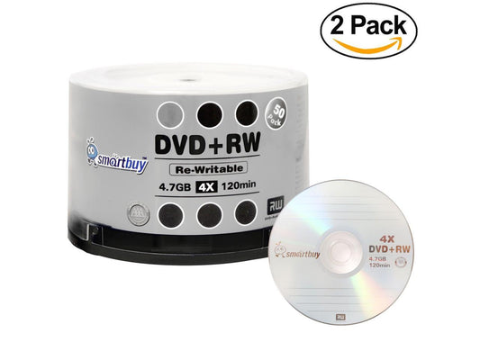 100 Pack Smartbuy Blank DVD+RW 4x 4.7GB 120Min Branded Logo Rewritable DVD Media Disc