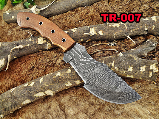 10Long tracker knife hand forged twist pattern full tang Damascus steel, Natural Rose wood with pipe hole scale, Cow hide leather sheath