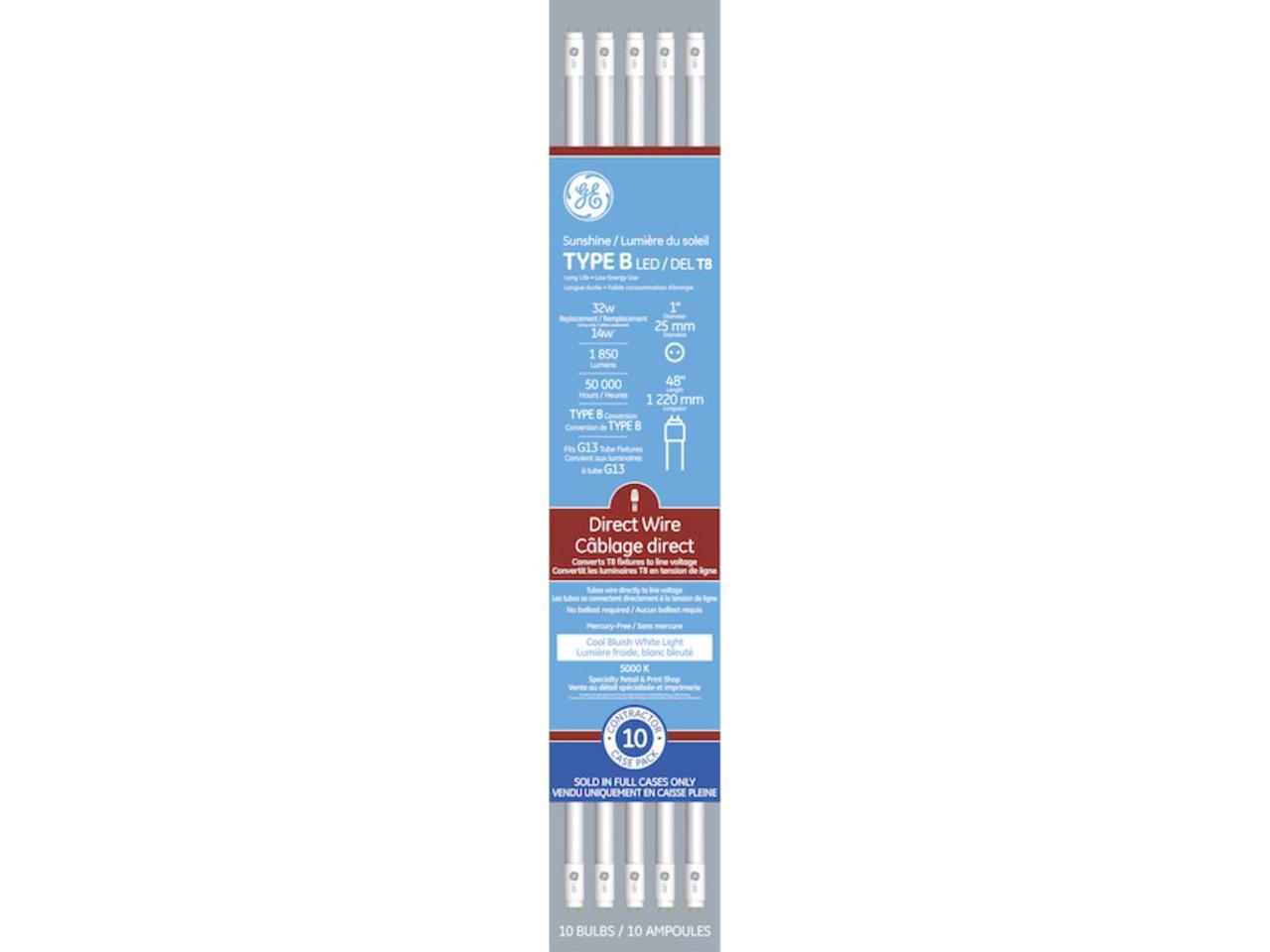 (case of 10) GE 93128865 T8 LED tube Type B, direct wire, 48 inch, 15 watt, 1800 lumens, 5000K cool white, LED upgrade for 4-ft T8 fluorescent, ballast bypass direct wire