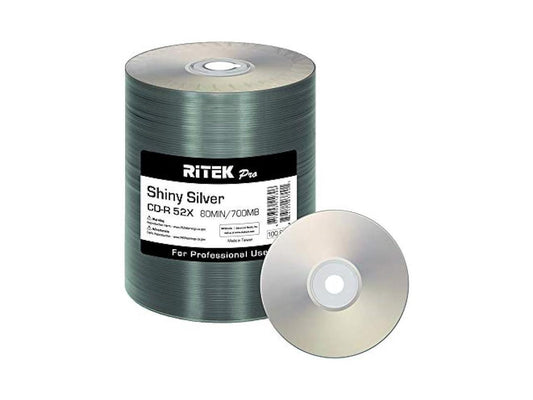 100 Pack Ritek Pro (Professional Grade) CD-R 52X 700MB Shiny Silver Lacquer Silk Screen Printable Blank Media Recordable Disc