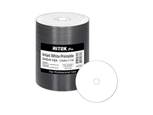 100 Pack Ritek Pro (Professional Grade) DVD-R 16X 4.7GB AZO Dye (MID MXL RG04) White Inkjet Hub Printable Blank Media Recordable Disc